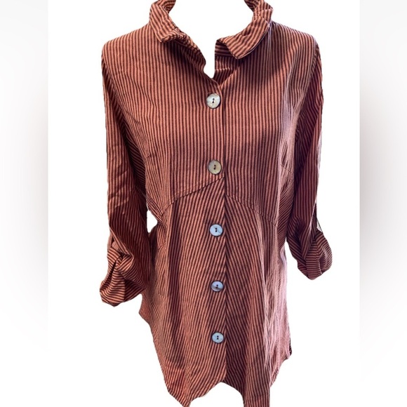 Soft Surroundings Tops - Soft Surroundings Women L Orange Striped Shirt Button Down Sasha Top Roll Tab